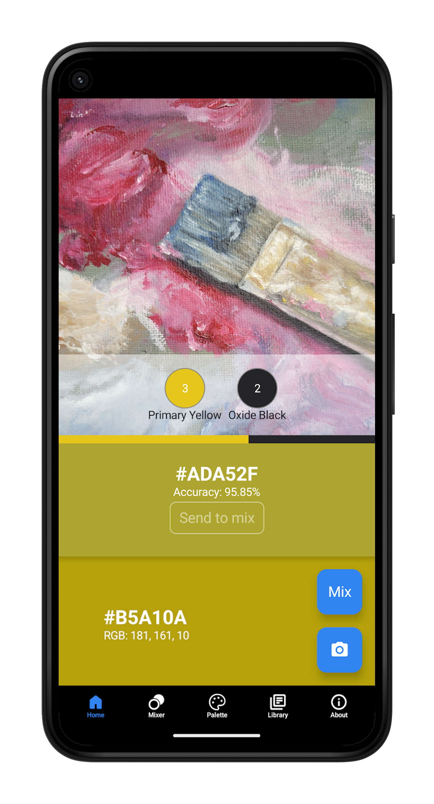 Screenshot of the Coloré color mixer app interface showing blended colors